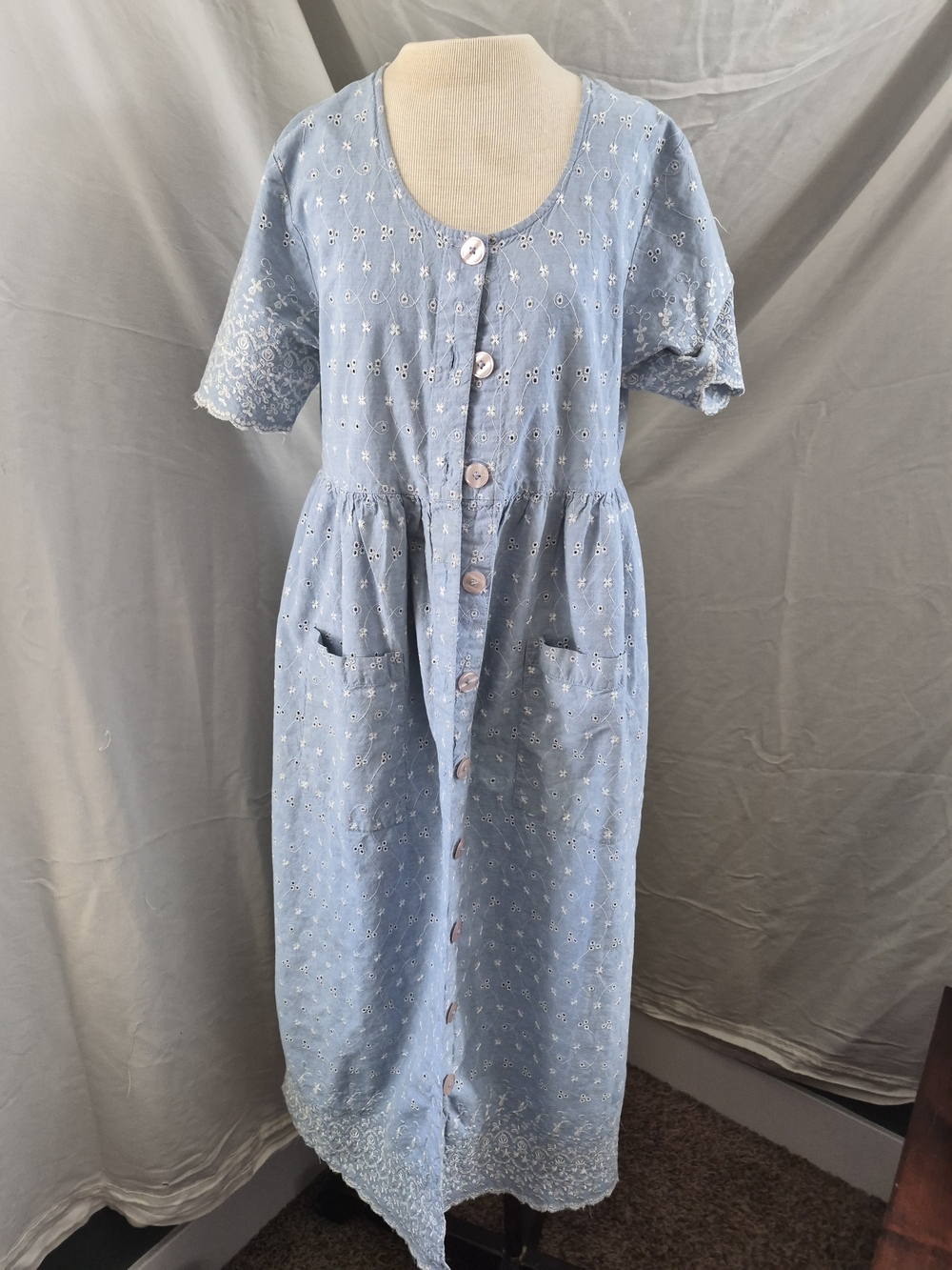 Light Blue Embroidered Button-Front Midi Dress